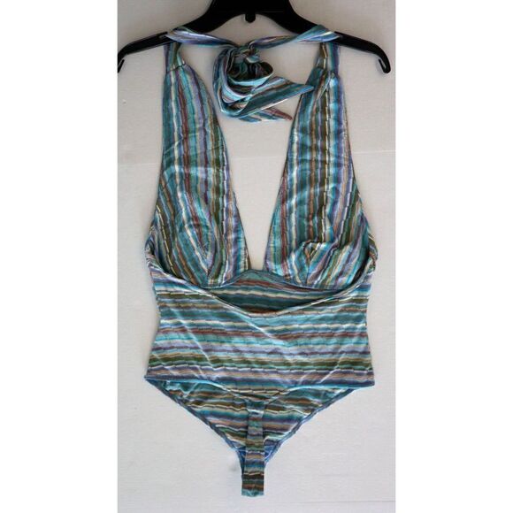 Intimately x FP OB1567379 Women's Sz M Blue Combo Retro Babe Halter Bodysuit - Picture 5 of 8